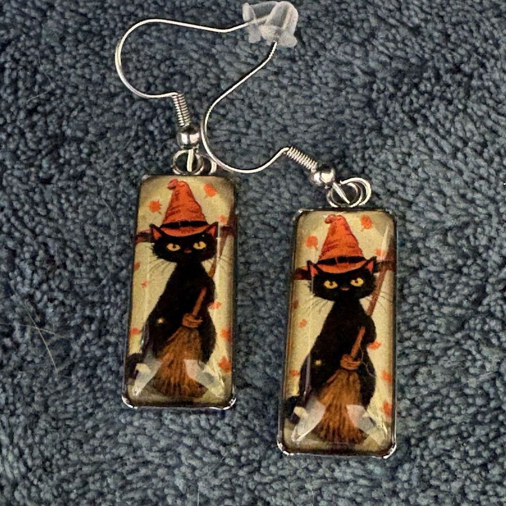 Black Cat Witch Halloween Earrings Silver Tone Rectangle Dangle